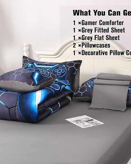 JQinHome Queen Gamer Comforter Set,6 Piece Bed in A Bag 3D Video Game Bedding -All Season Down Alternative Gamer Bedding Sets - (Blue Game Controller) - LeafyLoom