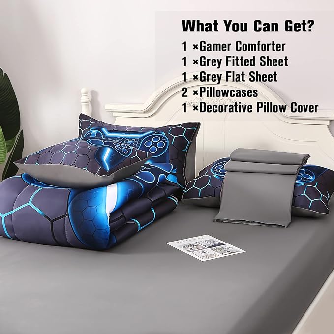 JQinHome Twin Gamer Comforter Set for Boys,6 Piece Bed in A Bag 3D Video Game Bedding -All Season Soft Microfiber Down Alternative Comforter Gamer Bedding Sets for Kids - LeafyLoom
