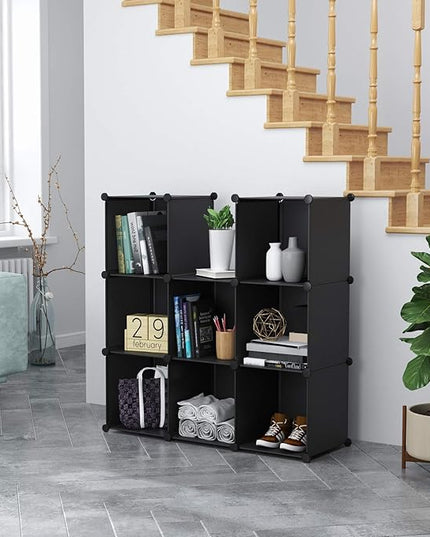 C&AHOME Cube Storage, 9-Cube BookShelf, Plastic Closet Cabinet Organizer, DIY Stackable Bookcase, Modular shelving Units Ideal for Home, Office, Kids Room, 36.6" L x 12.4" W x 48.4" H Black SHS3009A - LeafyLoom