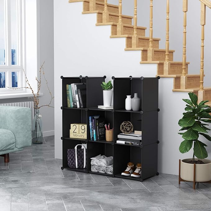 C&AHOME Cube Storage, 9-Cube BookShelf, Plastic Closet Cabinet Organizer, DIY Stackable Bookcase, Modular shelving Units Ideal for Home, Office, Kids Room, 36.6" L x 12.4" W x 48.4" H Black SHS3009A - LeafyLoom