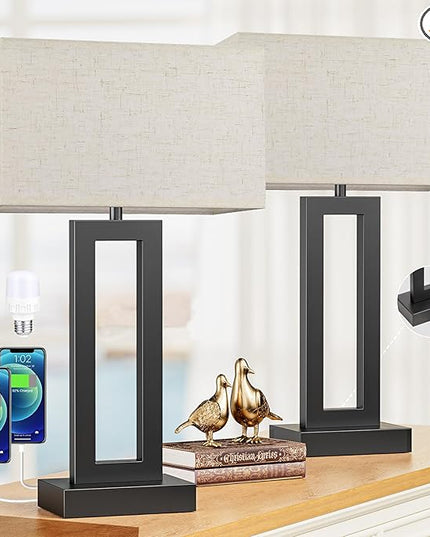 22" Tall Living Room Lamps for Night Stands - Touch Bedside Lamp with USB C+A, 3 Way Dimmable bedroom Lamps for End Tables Set of 2, Modern Night Stand Lamps for Room(Cream&Black) - LeafyLoom