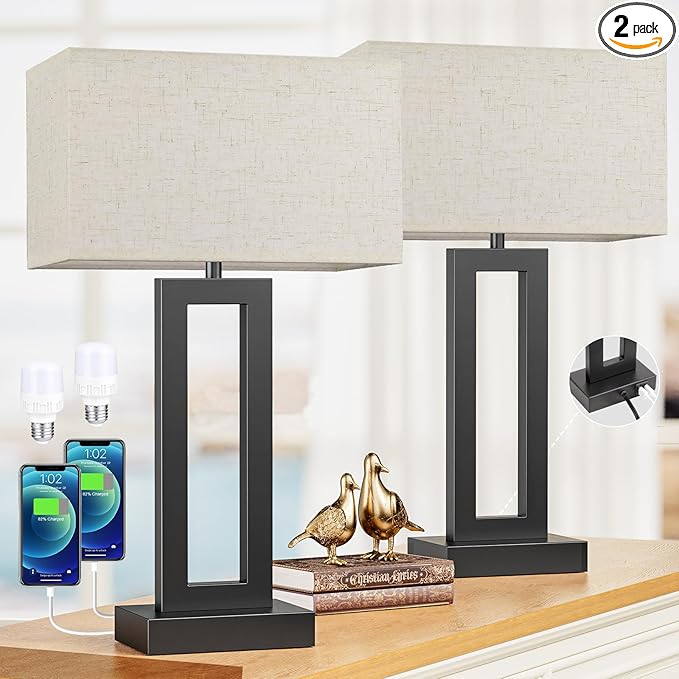 22" Tall Living Room Lamps for Night Stands - Touch Bedside Lamp with USB C+A, 3 Way Dimmable bedroom Lamps for End Tables Set of 2, Modern Night Stand Lamps for Room(Cream&Black) - LeafyLoom
