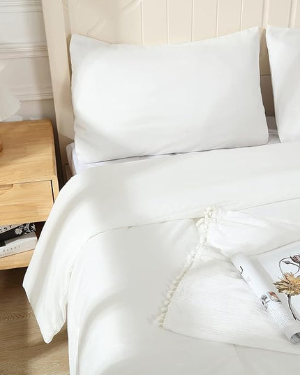 White Comforter Twin Size, Aesthetic Modern Bedding Set for Girls/Women, Cute Soft & Lightweight Chic Microfiber Bed Sets, 2pc- 1 Comforter & 1 Pillowcase (66x90 Inches) - LeafyLoom