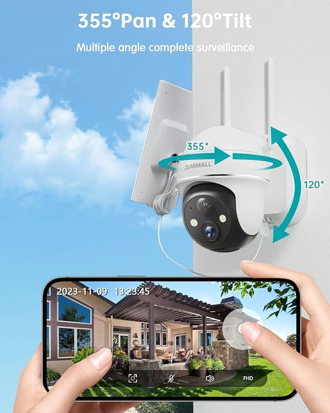 ZUMIMALL 5MP Security Cameras Wireless Outdoor, Solar Security Camera Outdoor with 360° PTZ, Battery Powered Camera for Home Security Outside, Color Night Vision/2.4G WiFi/2-Way Talk/IP66/AI Detection ZUMIMALL