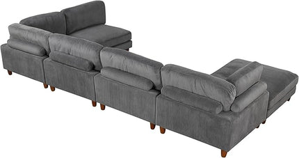 Free Combination Convertible Modular Sectional Sofa with Movable Ottomans , 163'' Oversized Corduroy Upholstered Sleeper Corner Couch Sofabed with Wooden Legs and Detachable Cushions for Living Room - LeafyLoom