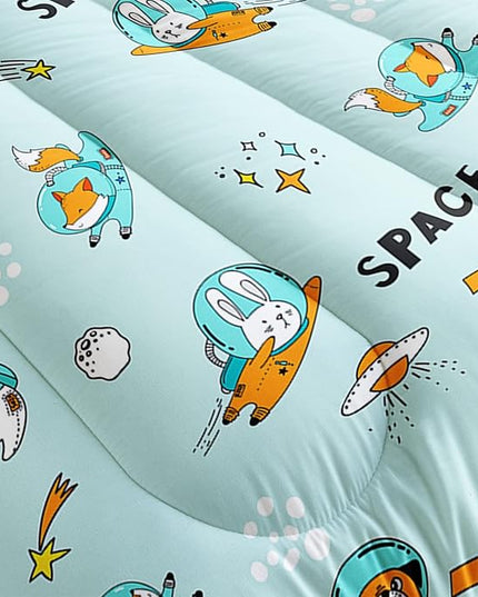 Kawaii Dog Rabbit Fox Comforter Set 3 Pieces Universe Galaxy Outer Space Bedding Set Astronaut Rocket Bed Quilt Set for Girls Boys Kids Blue - LeafyLoom