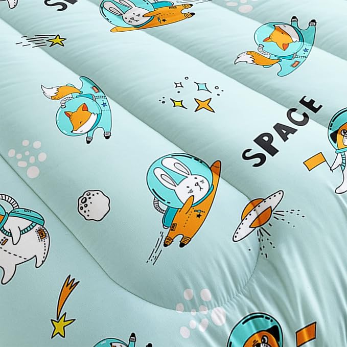 Kawaii Dog Rabbit Fox Comforter Set 3 Pieces Universe Galaxy Outer Space Bedding Set Astronaut Rocket Bed Quilt Set for Girls Boys Kids Blue - LeafyLoom