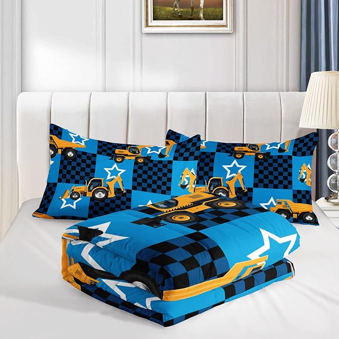 Axolotl Excavator Comforter Set Twin Size,Blue Plaid Comforter Set with Star,Excavator Bedding Set for Kids Boys Teens,Construction Vehicle Comforter Set for Boys,1 Quilt 2 Pillowcases - LeafyLoom
