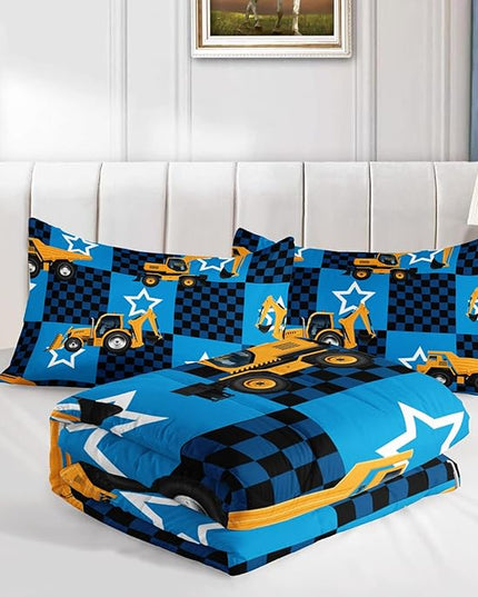 Axolotl Excavator Comforter Set Queen Size,Blue Plaid Comforter Set with Star,Excavator Bedding Set for Kids Boys Teens,Construction Vehicle Comforter Set for Boys,1 Quilt 2 Pillowcases - LeafyLoom