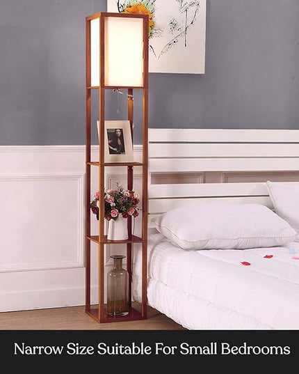 Brightech Maxwell - Modern Shelf Floor Lamp with Lamp Shade and LED Bulb - Corner Display Floor Lamps with Shelves for Living Room, Bedroom and Office - Walnut Brown - LeafyLoom
