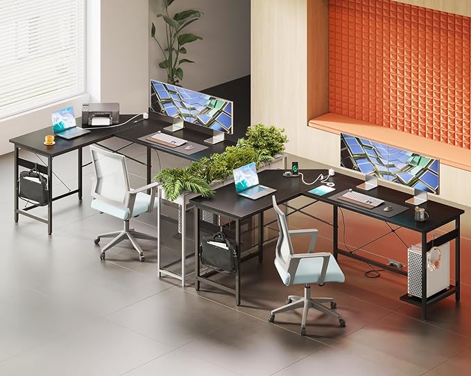 Coleshome 59" L Shaped Gaming Desk with Outlet, L Shaped Desk with CPU Stand, Corner Computer Desk, Home Office Desk, Writing Desk, Black - LeafyLoom