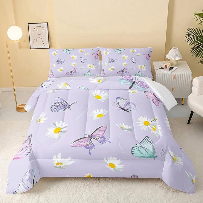 Butterfly Comforter Set for Kids Teens Girls Women,Daisy Kids Comforter,1 Comforter with 2 Pillowcase, Microfiber 3 Piece Bedding Set,for All Seasons(Purple，Twin Size) - LeafyLoom