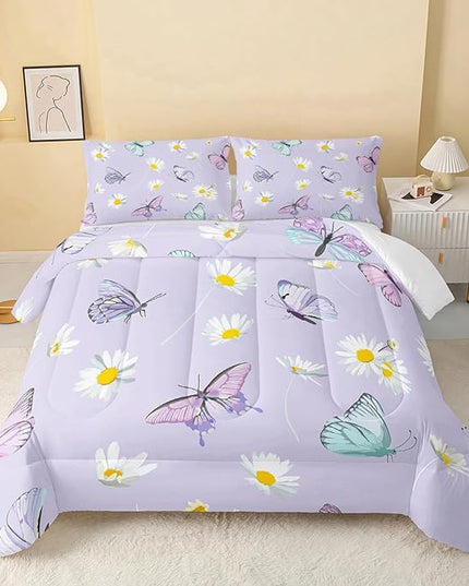 Butterfly Comforter Set for Kids Teens Girls Women,Daisy Kids Comforter,1 Comforter with 2 Pillowcase, Microfiber 3 Piece Bedding Set,for All Seasons(Purple，Queen Size) - LeafyLoom