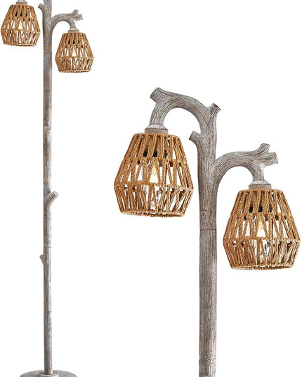 OYEARS Retro Farmhouse Rattan Floor Lamp Boho for Living Room Rustic Standing Lamps Tree Trunk Deco Modern Country Vintage Wood Grain 62" Tall Corner Floor Lamp Bedroom Office… - LeafyLoom