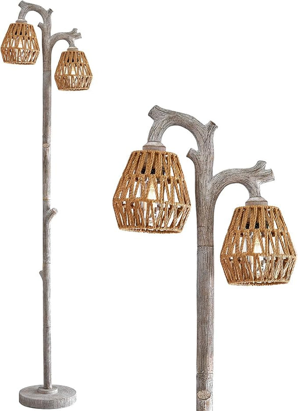 OYEARS Retro Farmhouse Rattan Floor Lamp Boho for Living Room Rustic Standing Lamps Tree Trunk Deco Modern Country Vintage Wood Grain 62" Tall Corner Floor Lamp Bedroom Office… - LeafyLoom