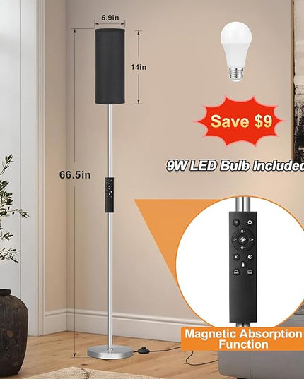 Ambimall Floor Lamps for Living Room, Modern Silver Floor Lamp with Remote Control and Stepless Dimmable Colors Temperature & Brightness (9W Bulb Included, Black Lampshade) - LeafyLoom