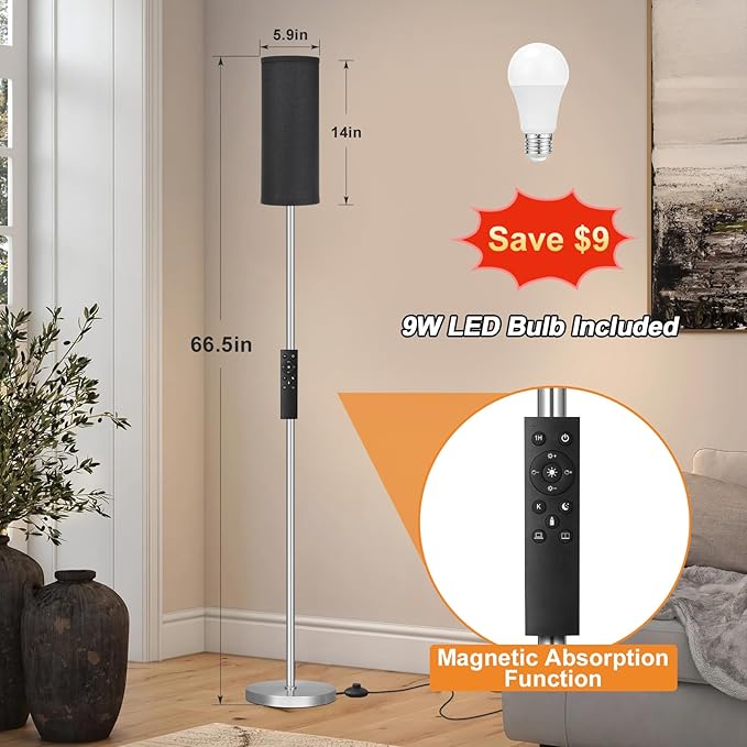 Ambimall Floor Lamps for Living Room, Modern Silver Floor Lamp with Remote Control and Stepless Dimmable Colors Temperature & Brightness (9W Bulb Included, Black Lampshade) - LeafyLoom