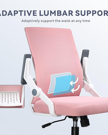COMHOMA Office Chair with Flip-up Armrests Ergonomic Computer Desk Chair Foldable Mesh Task Chair with Wheels Adaptive Lumbar Support Swivel Tilt Comfortable Study Chair for Student, Pink - LeafyLoom