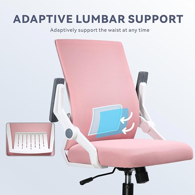 COMHOMA Office Chair with Flip-up Armrests Ergonomic Computer Desk Chair Foldable Mesh Task Chair with Wheels Adaptive Lumbar Support Swivel Tilt Comfortable Study Chair for Student, Pink - LeafyLoom