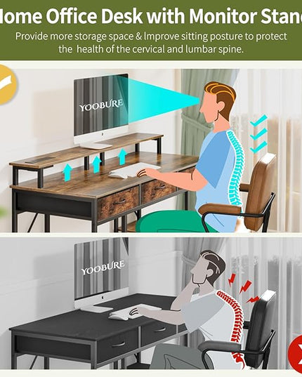 Yoobure Computer Desk with Drawers, Office Desk with LED Lights & Outlets, Small Desk with Storage Shelves, Gaming Desk 48" Home Office Desks with Monitor Stand, Writing Desk for Bedroom Small Spaces - LeafyLoom