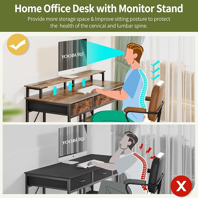 Yoobure Computer Desk with Drawers, Office Desk with LED Lights & Outlets, Small Desk with Storage Shelves, Gaming Desk 48" Home Office Desks with Monitor Stand, Writing Desk for Bedroom Small Spaces - LeafyLoom