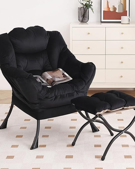 Lazy Chair with Ottoman, Modern Chair with Folding Footrest, Lounge Accent Chair, Comfortable Reading Chair, Oversized Armchairs for Bedroom, Study, Living Room, Courtyard (Black) - LeafyLoom