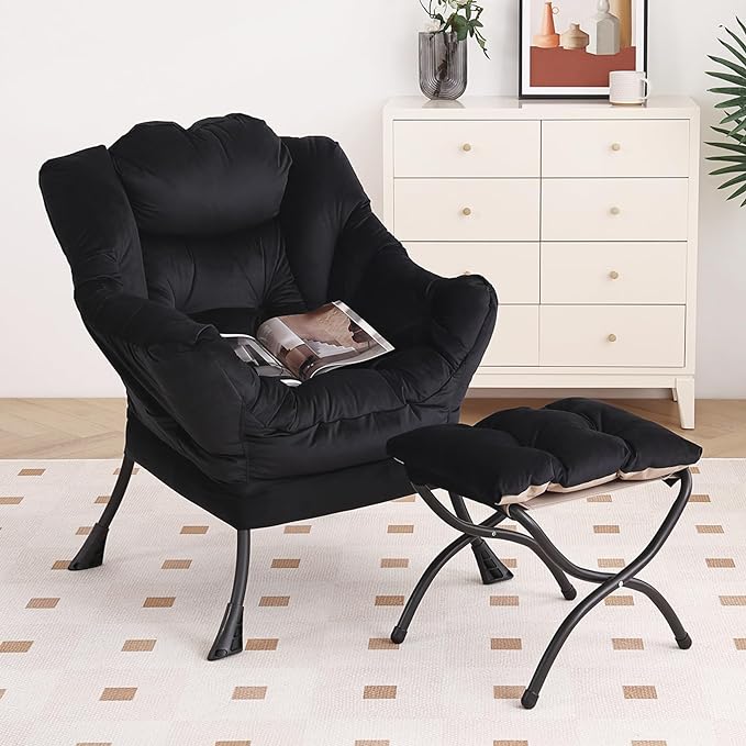 Lazy Chair with Ottoman, Modern Chair with Folding Footrest, Lounge Accent Chair, Comfortable Reading Chair, Oversized Armchairs for Bedroom, Study, Living Room, Courtyard (Black) - LeafyLoom