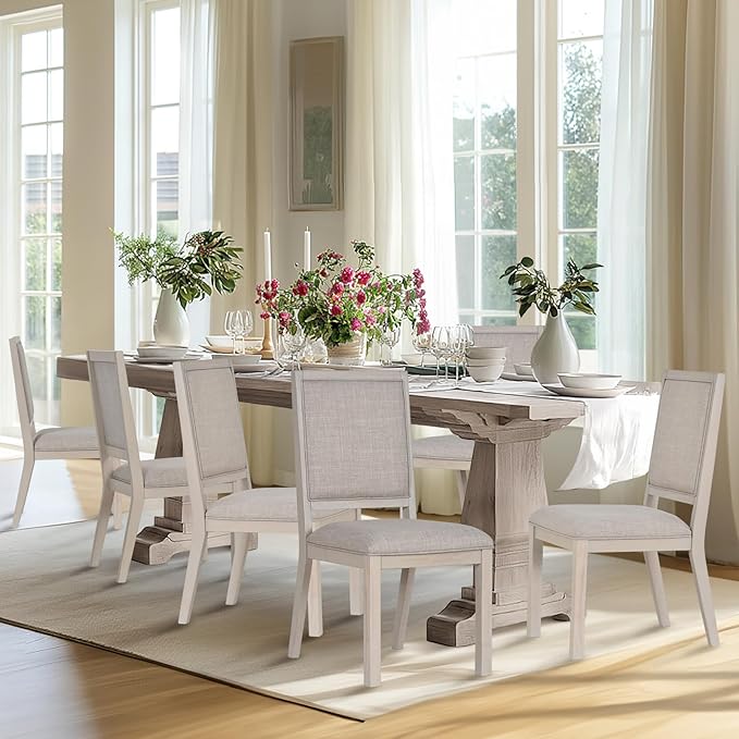 COLAMY Wood Dining Chairs Set of 6, Mid Century Modern Upholstered Kitchen Chairs,19 Inch Fabric Dining Chair with Back for Kitchen Dining Room,Ivory - LeafyLoom
