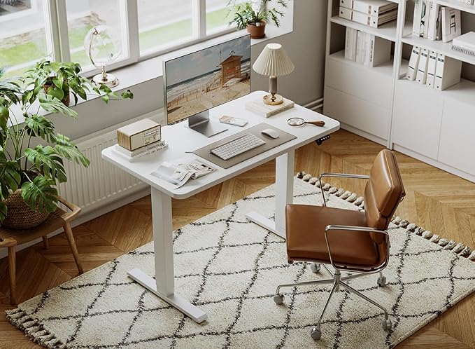 FAMISKY Standing Adjustable Desk Home Office Desk, 44 x 24 Inches Height Adjustable Desk, Ergonomic Home Office Computer Workstation with Splice Board, White - LeafyLoom