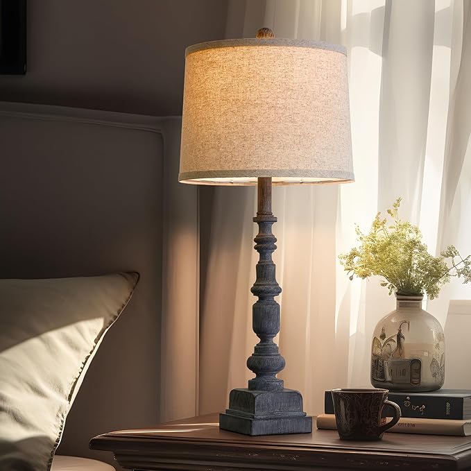 Oneach 27.75" Vintage Farmhouse USB A+C Table Lamps Set of 2 for Living Room Traditional Bedside Lamps for Bedroom Office Mid Century Table Lamp Antique Grey Accent Rustic Lamps for End Table - LeafyLoom