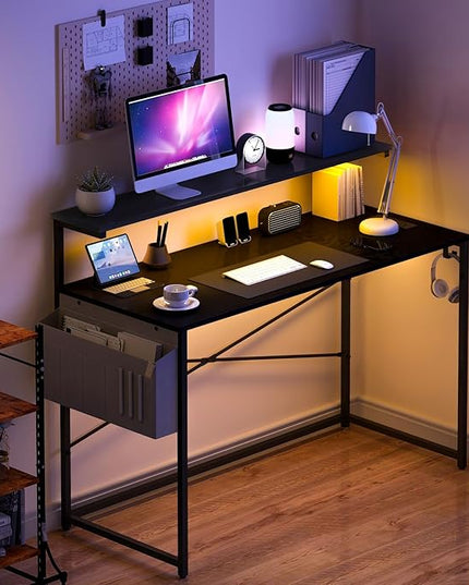 Yoobure Computer Desk with Power Outlets Fast Charging Type-C Included, Gaming Desk with LED Lights, 47" Office Desk with Adjustable Monitor Stand, Small Desk Home Office Desks with Storage Bag & Hook - LeafyLoom