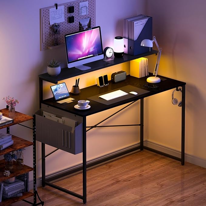 Yoobure Computer Desk with Power Outlets Fast Charging Type-C Included, Gaming Desk with LED Lights, 47" Office Desk with Adjustable Monitor Stand, Small Desk Home Office Desks with Storage Bag & Hook - LeafyLoom