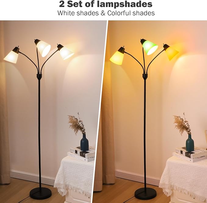 FOLKSMATE 3-Light Floor Lamp, LED Medusa Muiti-Head Adjustable Arc Standing Lamp, Gooseneck Tree Tall Light for Living Room, Kid Room, Bedroom, Black - LeafyLoom