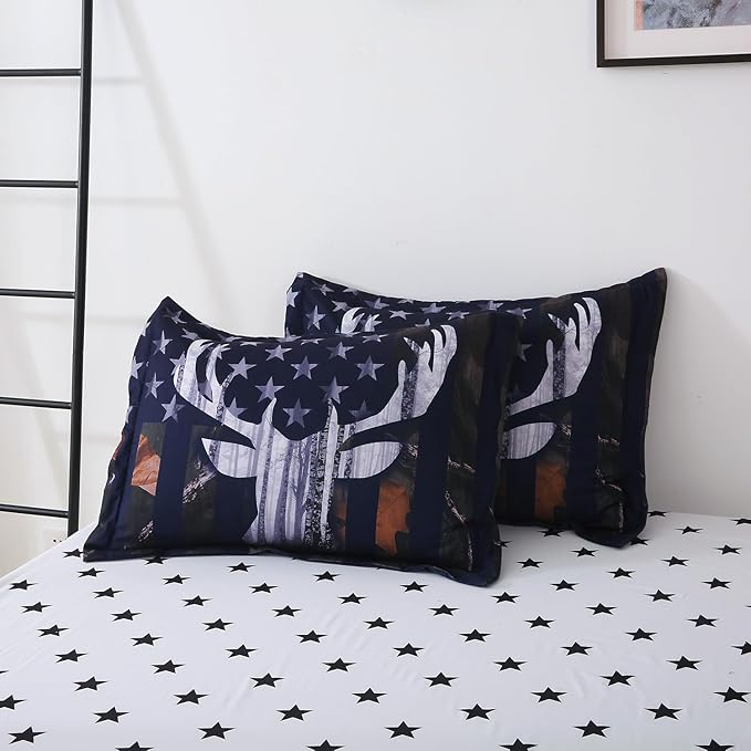 Boys Camo Deer Bedding Set Queen Size 7 Piece Bed in A Bag Camouflage American Flag Comforter Set for Kids Teens Men Super Soft All Season - LeafyLoom