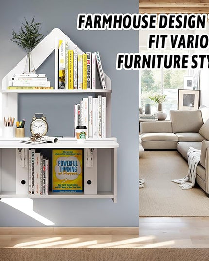 Wall Mounted Drop-Leaf Table, Floating Laptop Desk, Folding Table with Shelves, Multifunctional Computer Workstation Storage Compartments in Home Office for Space Saving (White) - LeafyLoom