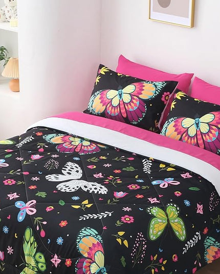 Girls Butterfly Comforter Set Queen Size Colorful Flowers Leaves Bedding Set for Kids Teens Adults Black 7 Piece Bed in A Bag Super Soft All Season - LeafyLoom