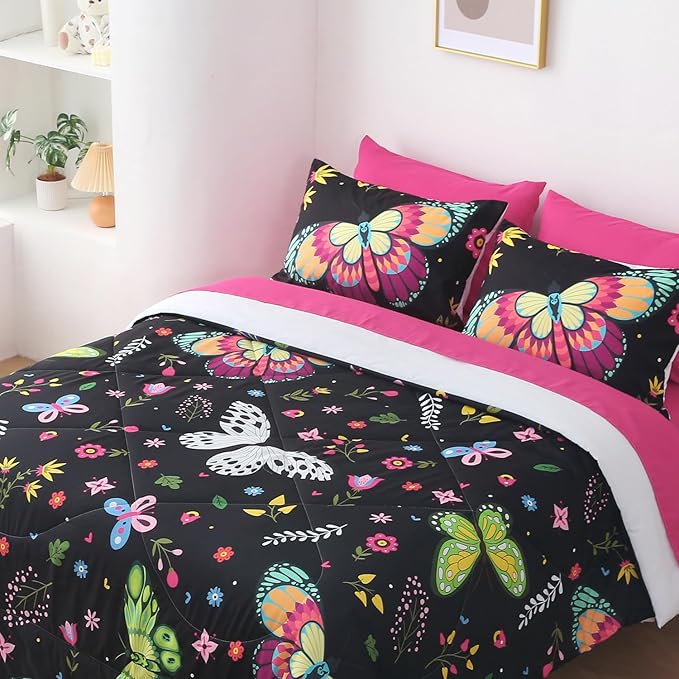 Girls Butterfly Comforter Set Queen Size Colorful Flowers Leaves Bedding Set for Kids Teens Adults Black 7 Piece Bed in A Bag Super Soft All Season - LeafyLoom