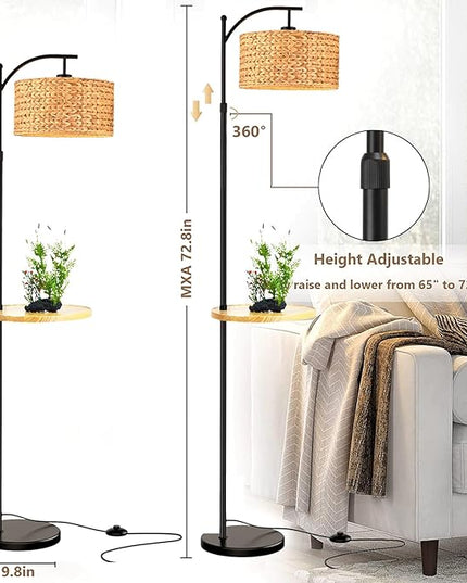 Rattan Floor Lamp for Living Room Bedroom with Table Shelves,Boho Arc Floor Lamps with Remote Dimmable Farmhouse Wood Shelf Attached Standing Lamp Wicker Bamboo Tall Lamp Floor Light Bohemian - LeafyLoom