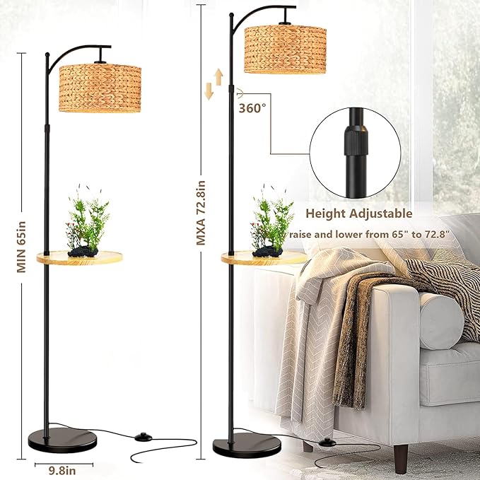 Rattan Floor Lamp for Living Room Bedroom with Table Shelves,Boho Arc Floor Lamps with Remote Dimmable Farmhouse Wood Shelf Attached Standing Lamp Wicker Bamboo Tall Lamp Floor Light Bohemian - LeafyLoom