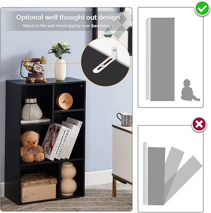 VECELO Modern Bookshelf, 5 Cube Shelf, Fits Tallest Hardcovers, Horizontal Available, Storage Organzier for Home Office, Matte Black - LeafyLoom