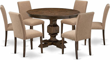 East West Furniture F3AB7-747 Ferris 7 Piece Modern Set Consist of a Round Wooden Table with Pedestal and 6 Light Sable Linen Fabric Parsons Dining Chairs, 48x48 Inch - LeafyLoom