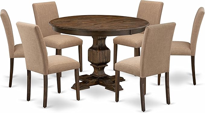 East West Furniture F3AB7-747 Ferris 7 Piece Modern Set Consist of a Round Wooden Table with Pedestal and 6 Light Sable Linen Fabric Parsons Dining Chairs, 48x48 Inch - LeafyLoom
