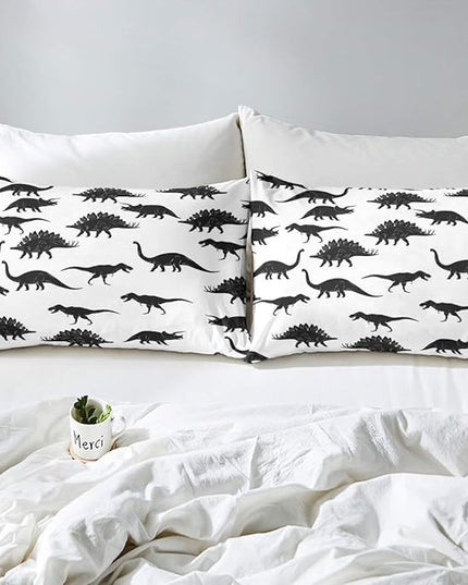 Erosebridal Dinosaur Bedding Set Dino Silhouettes Comforter Set Full Size, Wildlife Animals Black White Quilted Duvet for Kids Boys Teens Adult Bedroom Decor Dinosaurs Comforter with 2 Pillow Cases - LeafyLoom