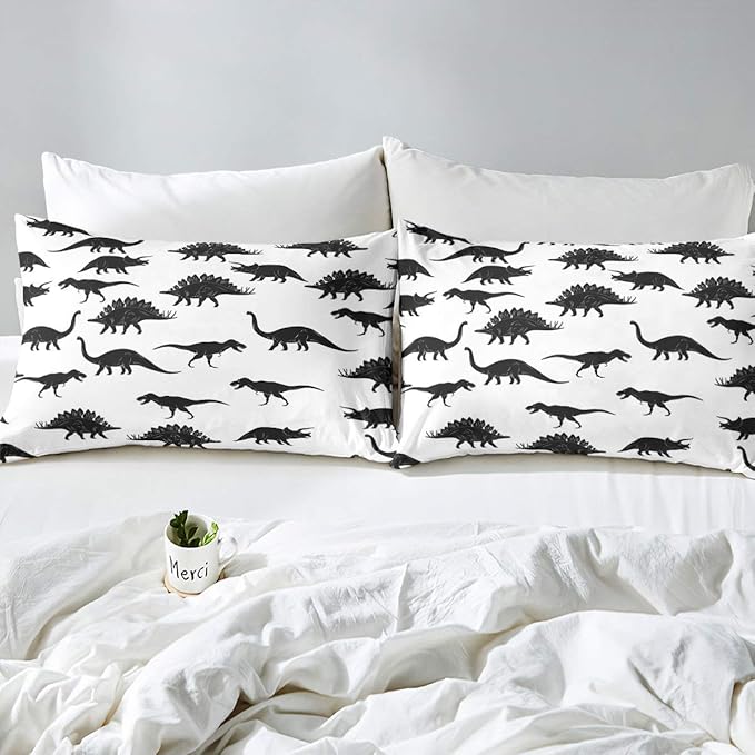 Erosebridal Dinosaur Comforter Set Dino Silhouettes Bedding Set Queen Size, Wildlife Animals Black White Duvet Sets for Kids Boys Teens Adult Bedroom Decor Dinosaurs Comforter with 2 Pillow Cases - LeafyLoom