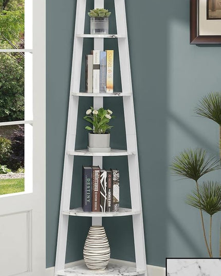 Convenience Concepts Newport 5-Tier Corner Bookshelf, White Faux Marble/White - LeafyLoom