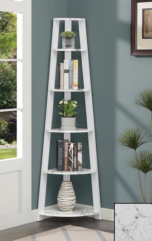 Convenience Concepts Newport 5-Tier Corner Bookshelf, White Faux Marble/White - LeafyLoom