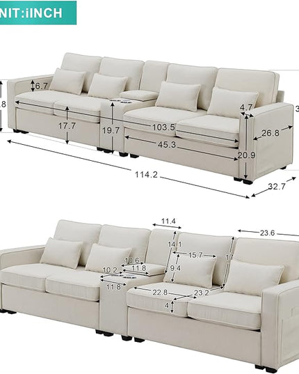 114.2" Linen Upholstered Sofa with Consoleand 2 USB Ports Wired or Wirelessly Charged,Modern 4-Seat Couches W/ 4 Pillows and Two Cupholders,for Living Room,Apartment,Beige - LeafyLoom