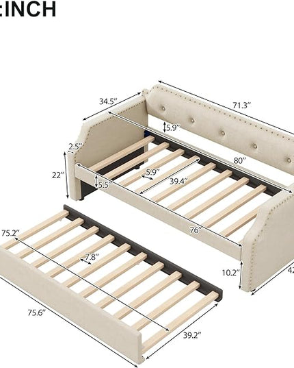 Twin Size Upholstered Daybed with Trundle, Wooden Day Sofa Bed Frame for Bedroom Living Guest Room, Wood Slat Support, Space Saving, Beige - LeafyLoom