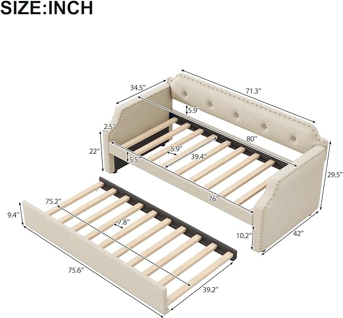 Twin Size Upholstered Daybed with Trundle, Wooden Day Sofa Bed Frame for Bedroom Living Guest Room, Wood Slat Support, Space Saving, Beige - LeafyLoom