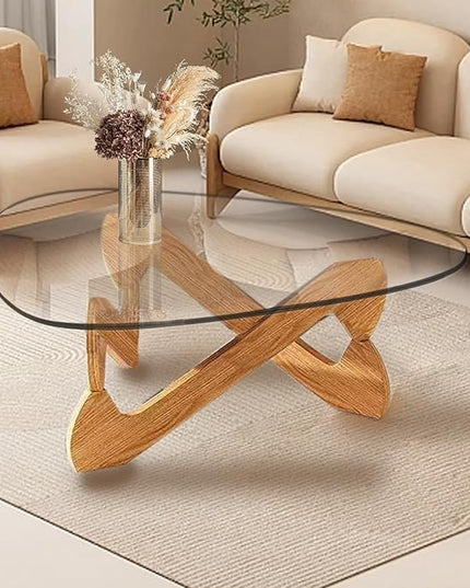 Triangle Coffee Table Glass Coffee Table for Living Room Clear Glass Coffee Table with Solid Wood Base Mid Century Modern Coffee Table for Small Spaces (Wood-Transparent, 44.9in) - LeafyLoom